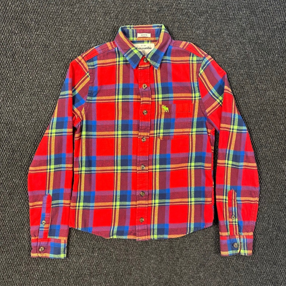 Abercrombie Flannel Shirt Kids XL Red Plaid Muscle Fit Long Sleeve Moose Logo